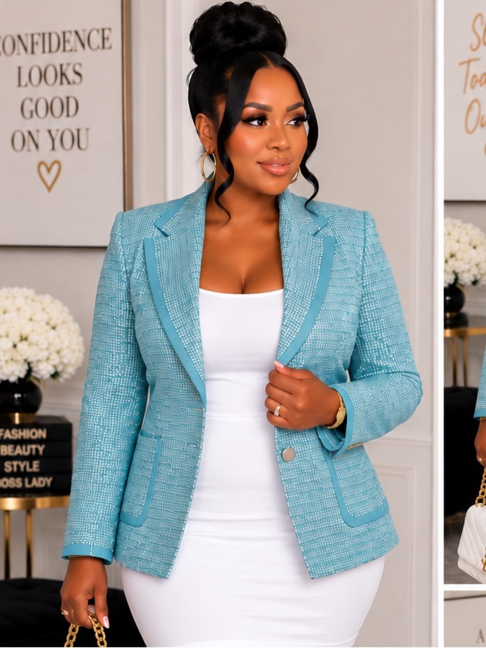Tailored Aqua Tweed Blazer Jacket - Women